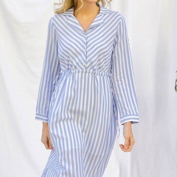 Women's Light Blue Stripe Print Cinched Waist Long Sleeve Shirt Midi Dress NWT - Picture 2 of 5